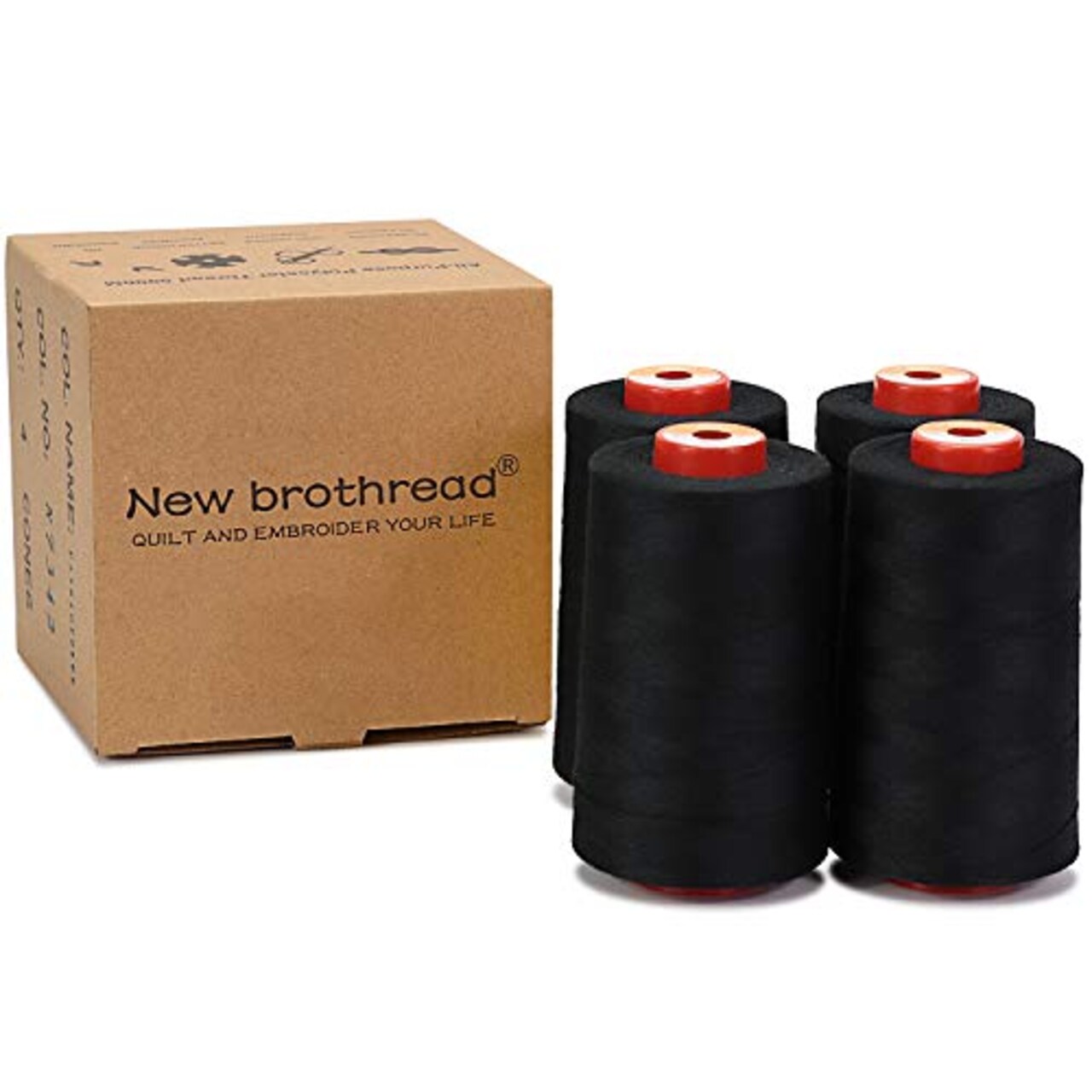30 Options - 4 Large Cones of 5500Y (5000M) Each All Purpose Spun Polyester Thread 40S/2 (Tex27) for Serger, Overlock, Quilting, Piecing and Sewing - Black